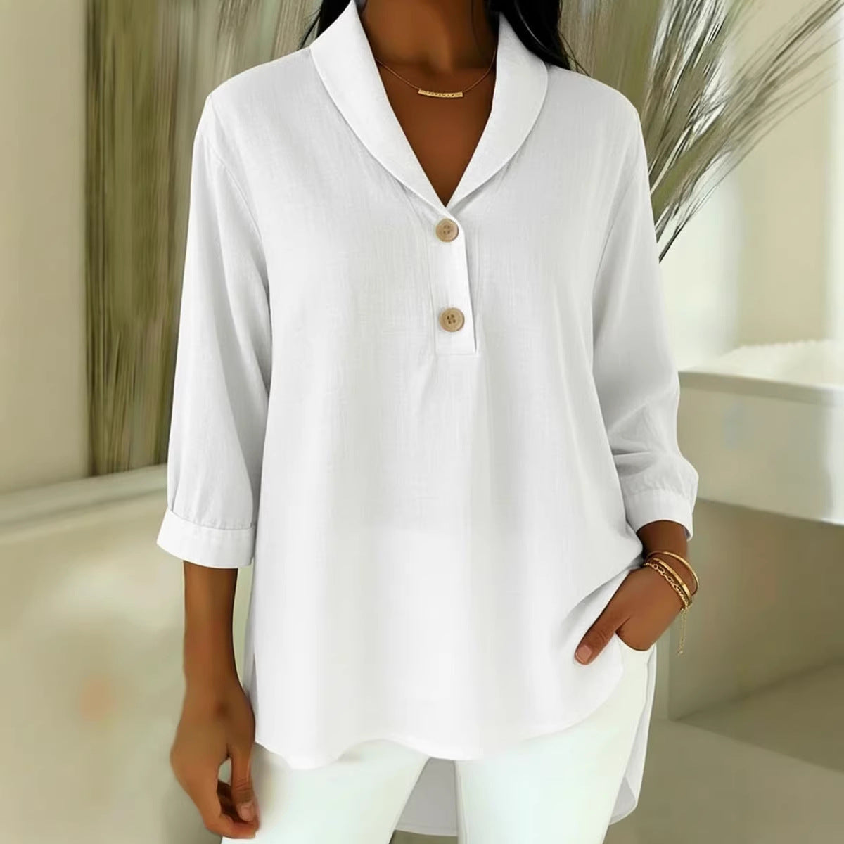Womens Casual Loose-fitting Fashionable Button-up Shirt With A Peter Pan Collar