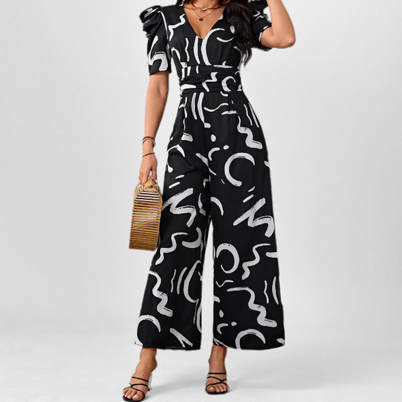 Stylish And Chic V-neck Cinched-waist Wide-leg Jumpsuit
