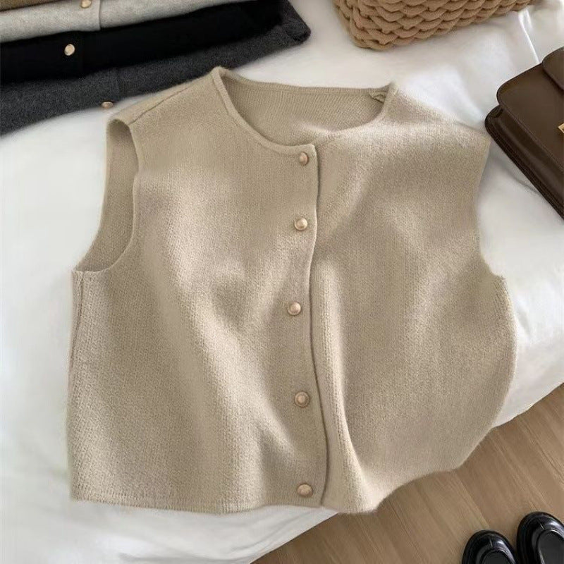 Womens Knitted V Neck Vest With Small Gold Buttons Single Breasted Cardigan Top