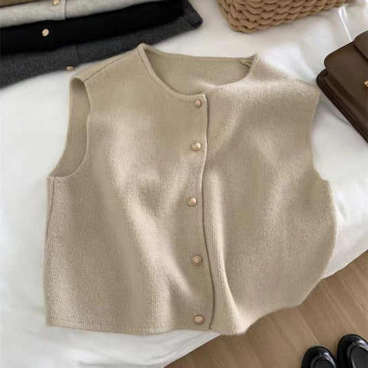 Womens Knitted V Neck Vest With Small Gold Buttons Single Breasted Cardigan Top
