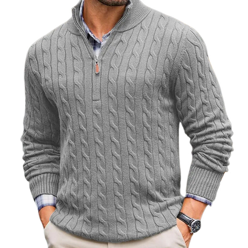 Mens Slim-fit Knitted Zip-up Mock-neck Long-sleeve Sweater