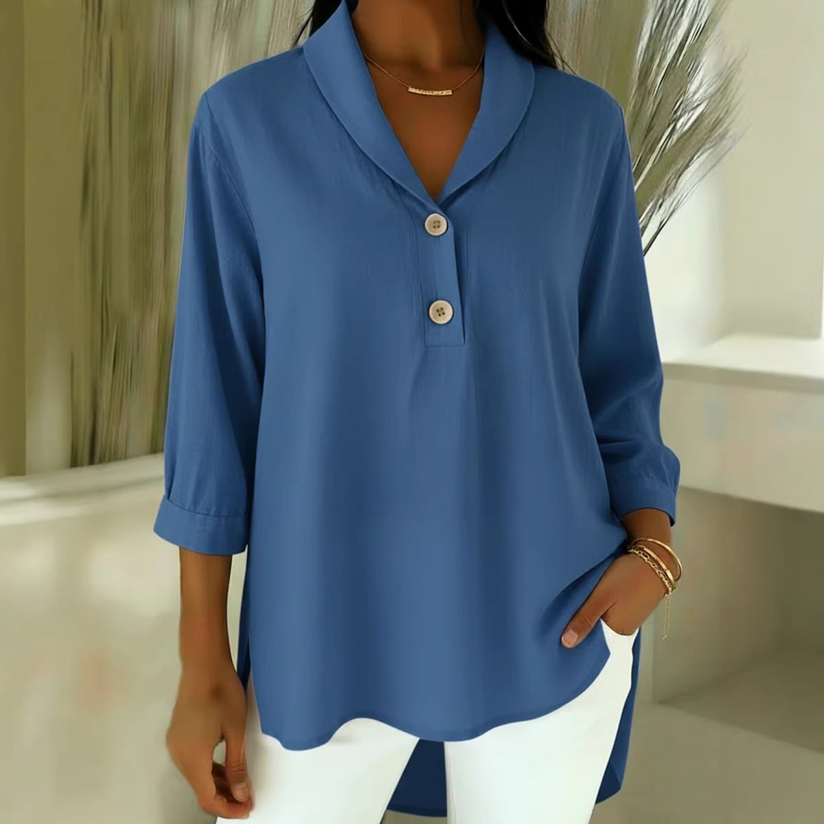 Womens Casual Loose-fitting Fashionable Button-up Shirt With A Peter Pan Collar