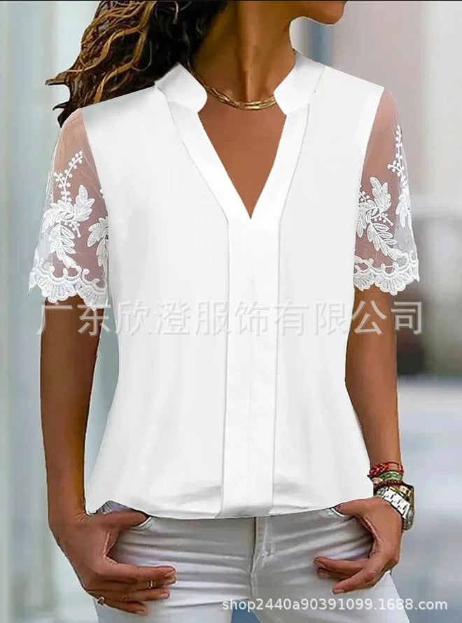 Womens Casual White V-Neck Lace Short-Sleeve Top