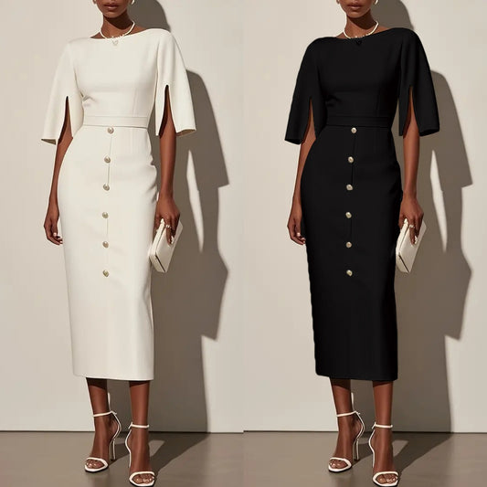 Summer Solid-Color Crew-Neck Defined-Waist Dress With Slit And Buttons