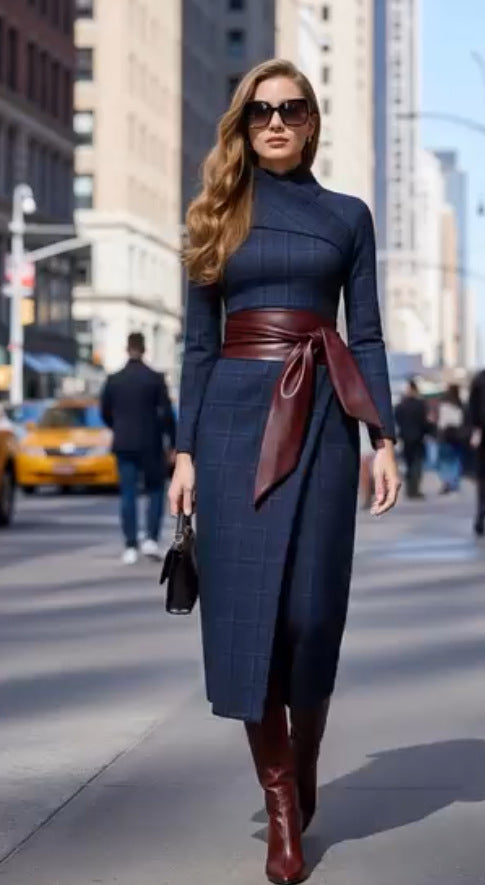 Womens Stylish Sophisticated Wide-waisted Belted Dress