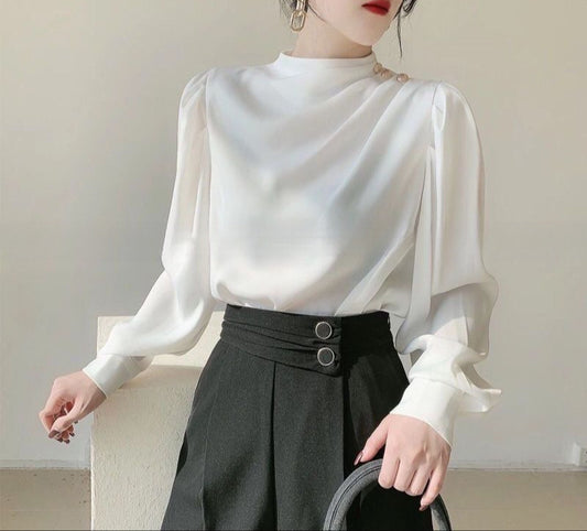 Retro Hong Kong-Style Shirt With A Designer Touch Satin Acetate Professional Top For Autumn