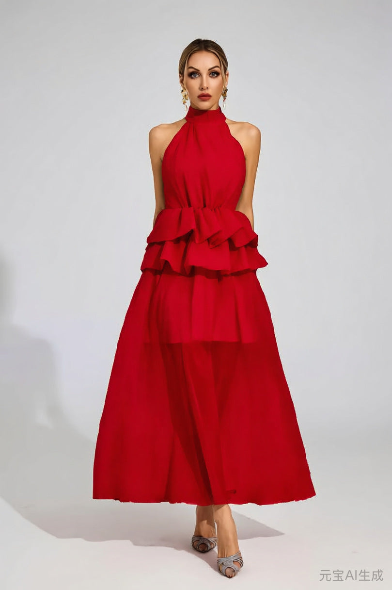 Flowy Ruffled Wedding Dress With A Halter Neckline