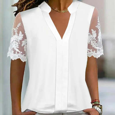 Womens Casual White V-Neck Lace Short-Sleeve Top