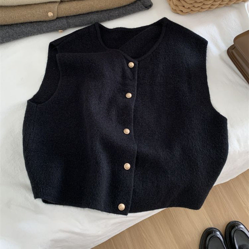 Womens Knitted V Neck Vest With Small Gold Buttons Single Breasted Cardigan Top