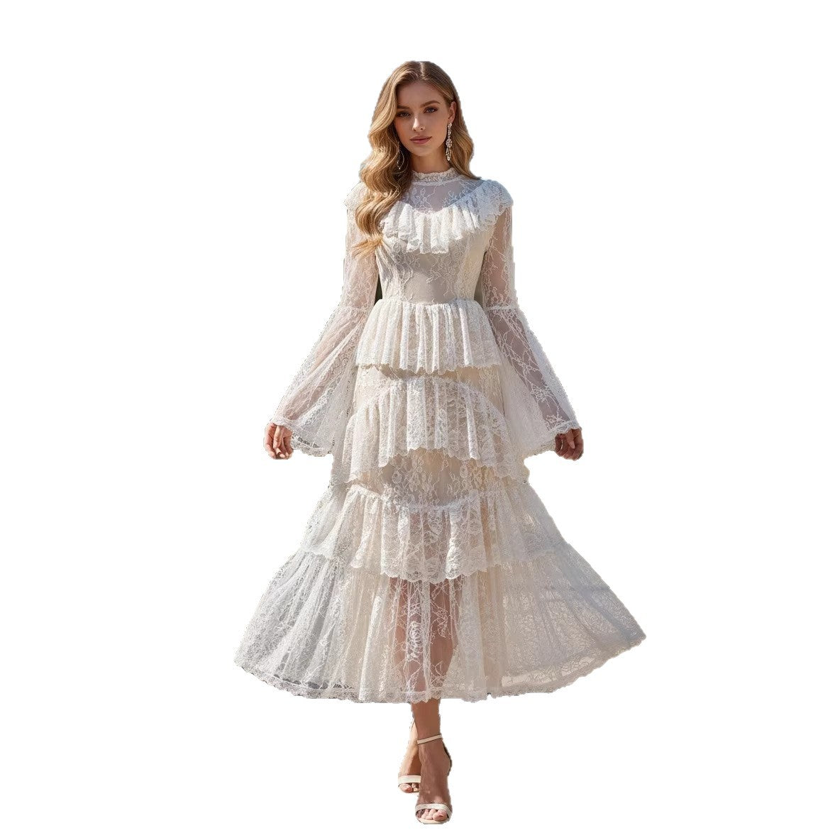 Stand-collar Embroidered Ruffled Maxi Dress