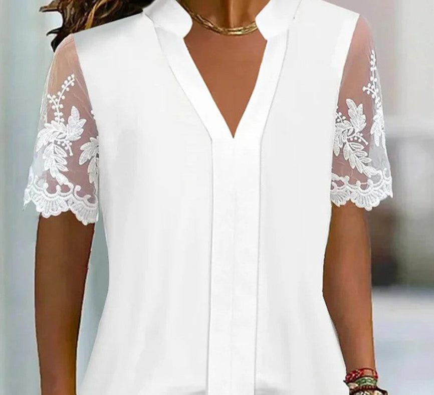 Womens Casual White V-Neck Lace Short-Sleeve Top