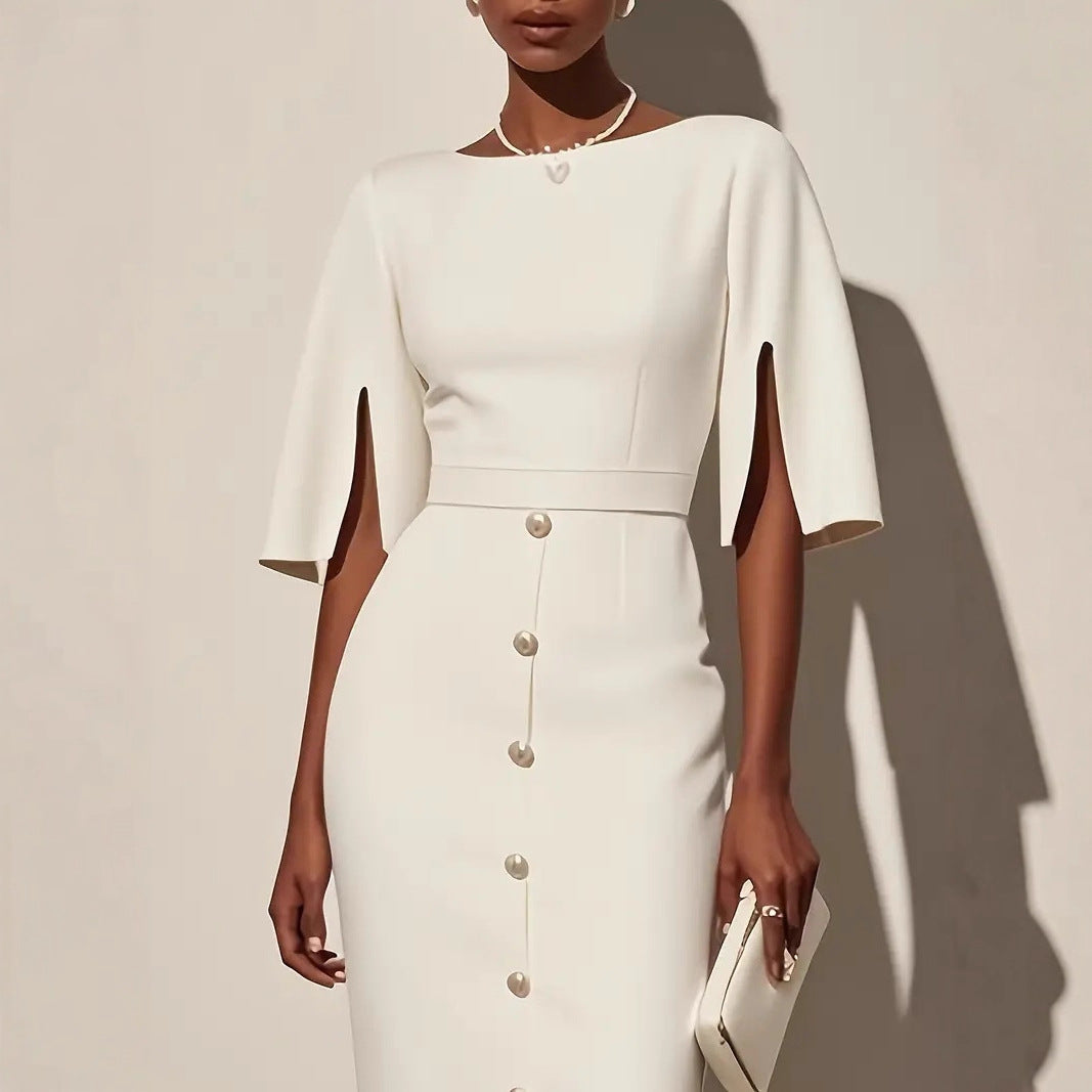 Summer Solid-Color Crew-Neck Defined-Waist Dress With Slit And Buttons