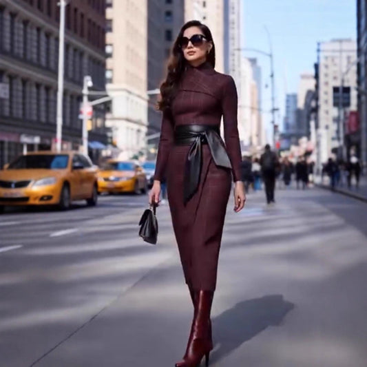 Womens Stylish Sophisticated Wide-waisted Belted Dress