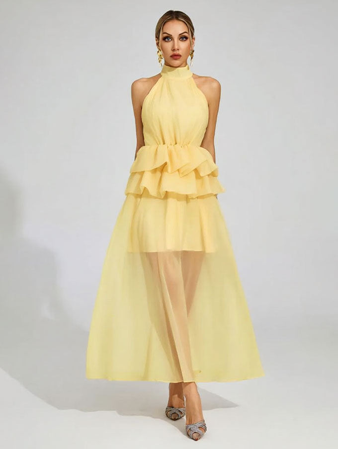 Flowy Ruffled Wedding Dress With A Halter Neckline