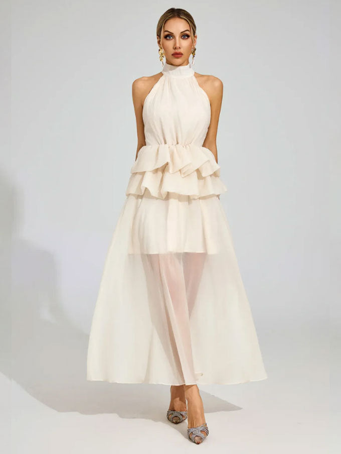 Flowy Ruffled Wedding Dress With A Halter Neckline