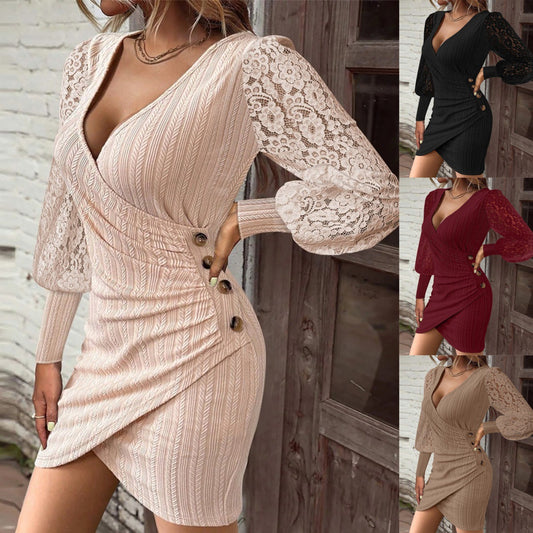 Autumn Solid-Color V-Neck Slim-Fit Sexy Dress