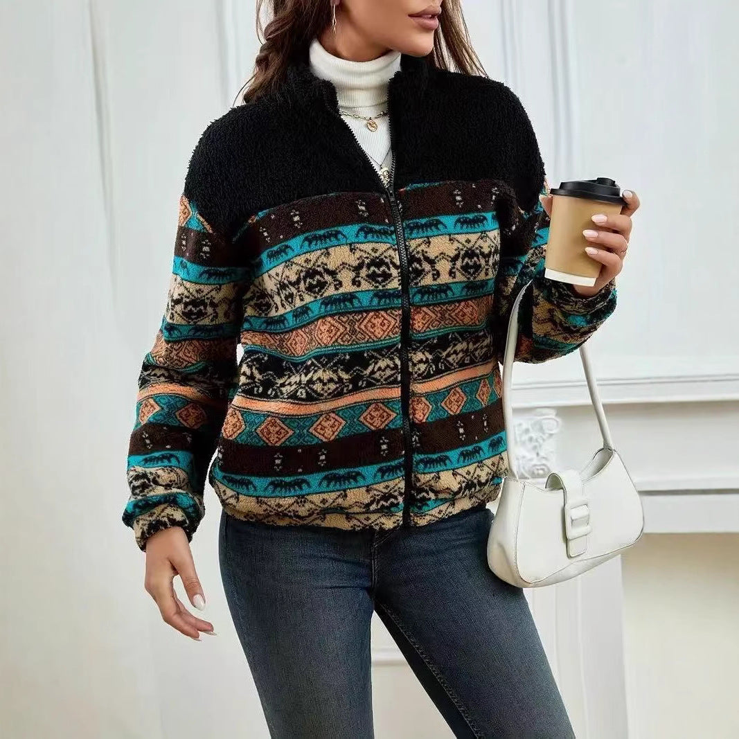 Double-sided Plush Stand-up Collar Zip-up Cardigan For Fall And Winter