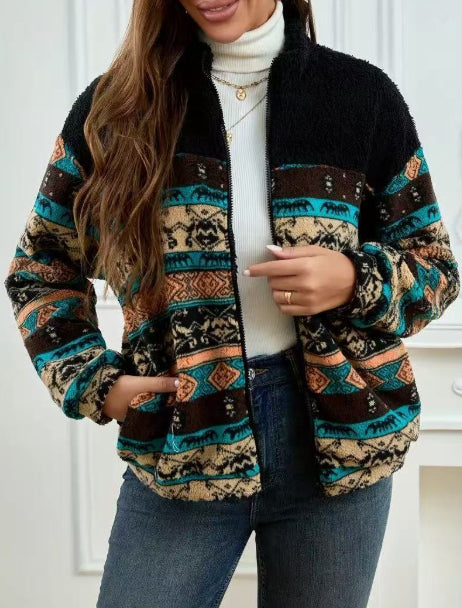 Double-sided Plush Stand-up Collar Zip-up Cardigan For Fall And Winter