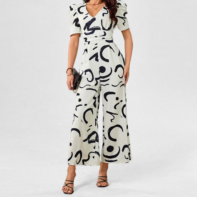Stylish And Chic V-neck Cinched-waist Wide-leg Jumpsuit