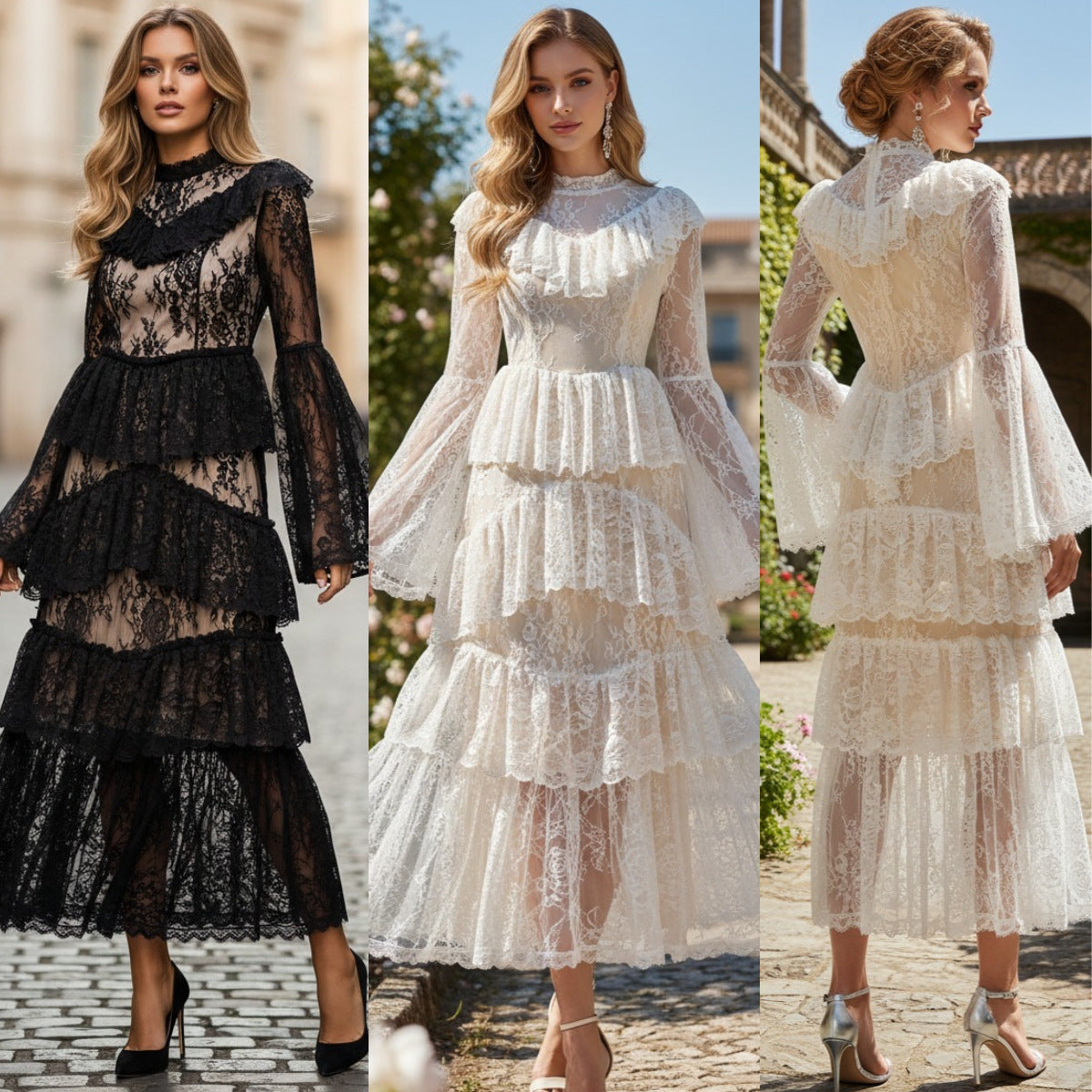 Stand-collar Embroidered Ruffled Maxi Dress