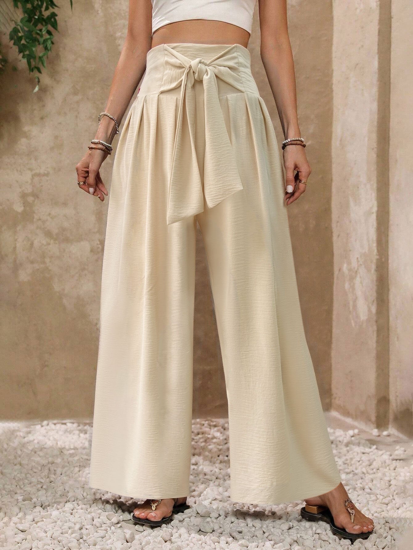 Womens Solid-Color High-Waist Tie-Front Casual Drapey Wide-Leg Pants
