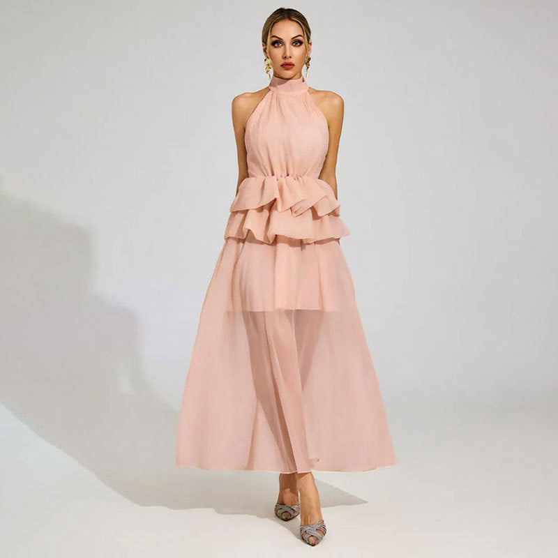 Flowy Ruffled Wedding Dress With A Halter Neckline