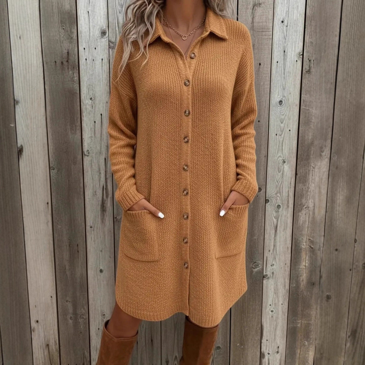 Knitted Button Down Solid Color Long Sleeve Pocket Cardigan Sweater Dress