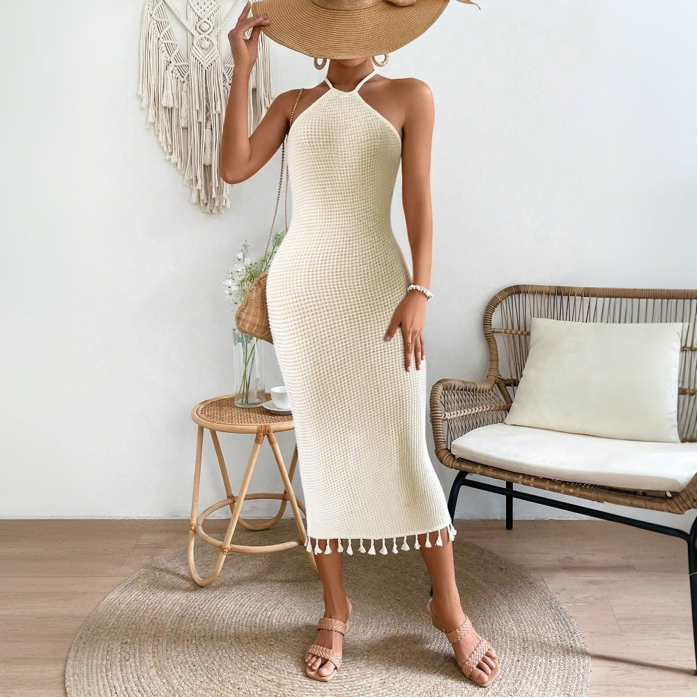 Womens Solid-Color Fashion Tassel Halterneck Lace-Up Dress