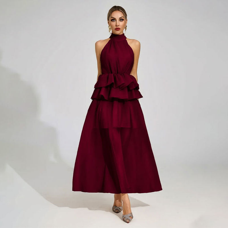 Flowy Ruffled Wedding Dress With A Halter Neckline