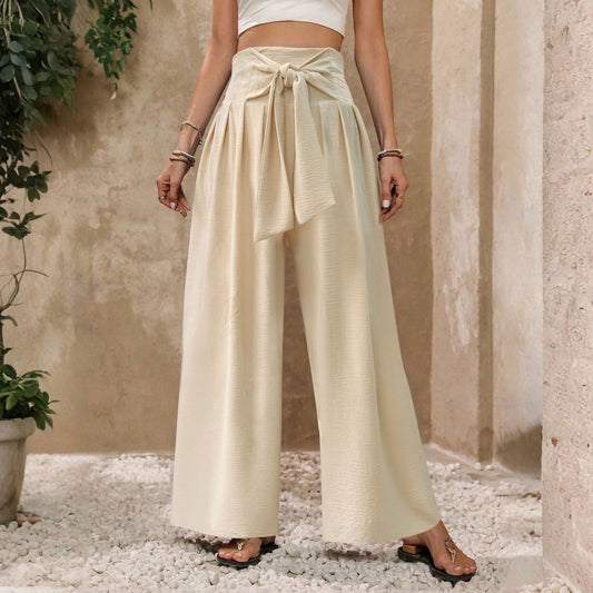 Womens Solid-Color High-Waist Tie-Front Casual Drapey Wide-Leg Pants