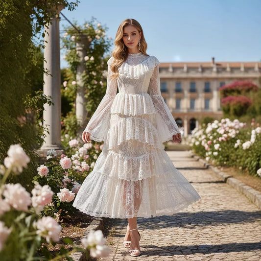 Stand-collar Embroidered Ruffled Maxi Dress