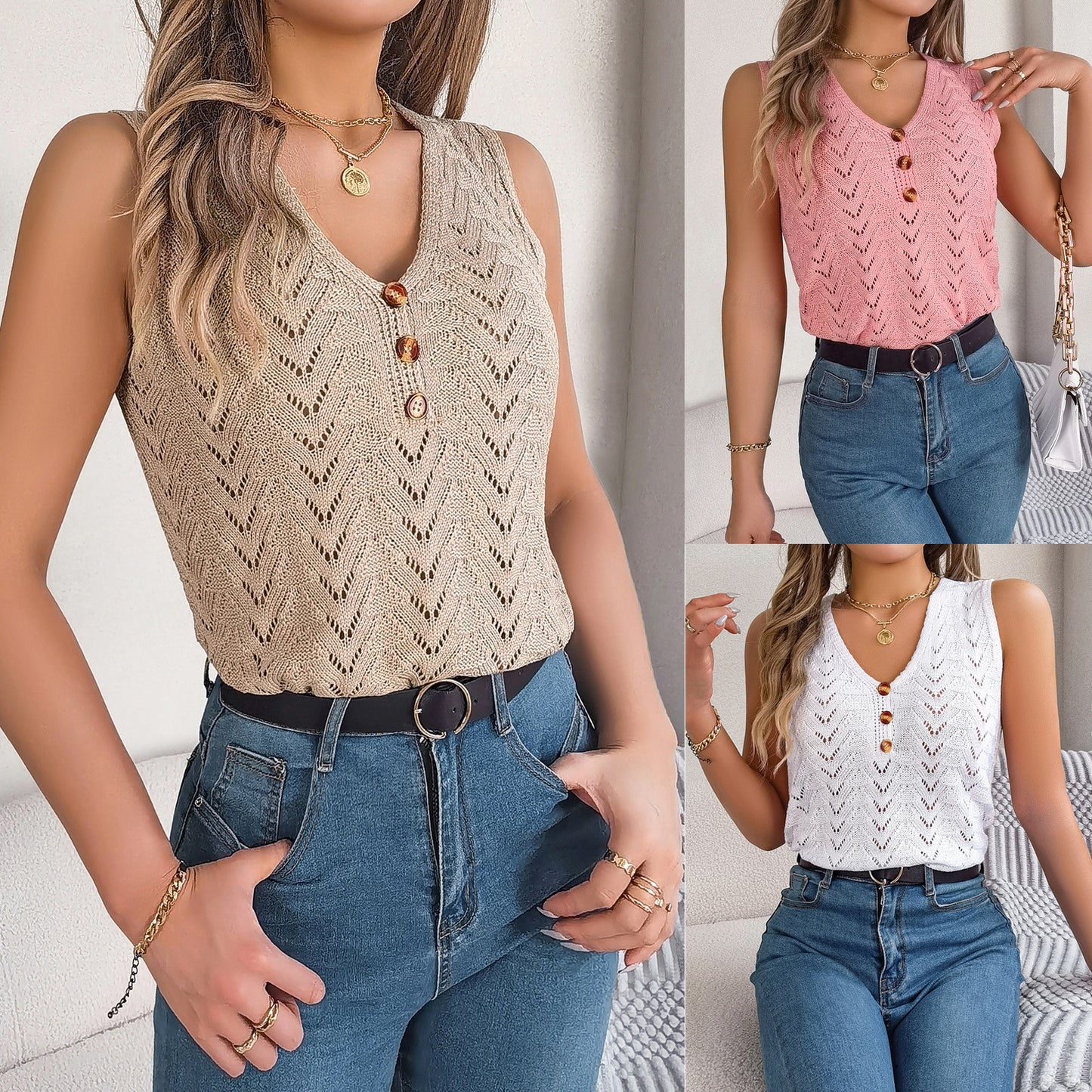 Buttoned V-neck Hollow-out Sleeveless Top