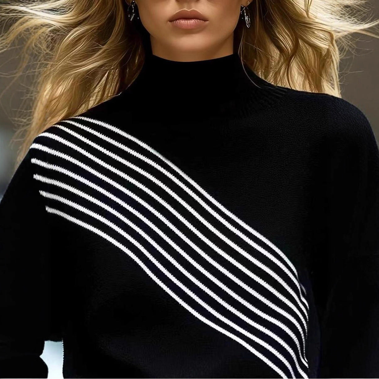 New FallWinter Womens Striped Color-Block Turtleneck Sweater